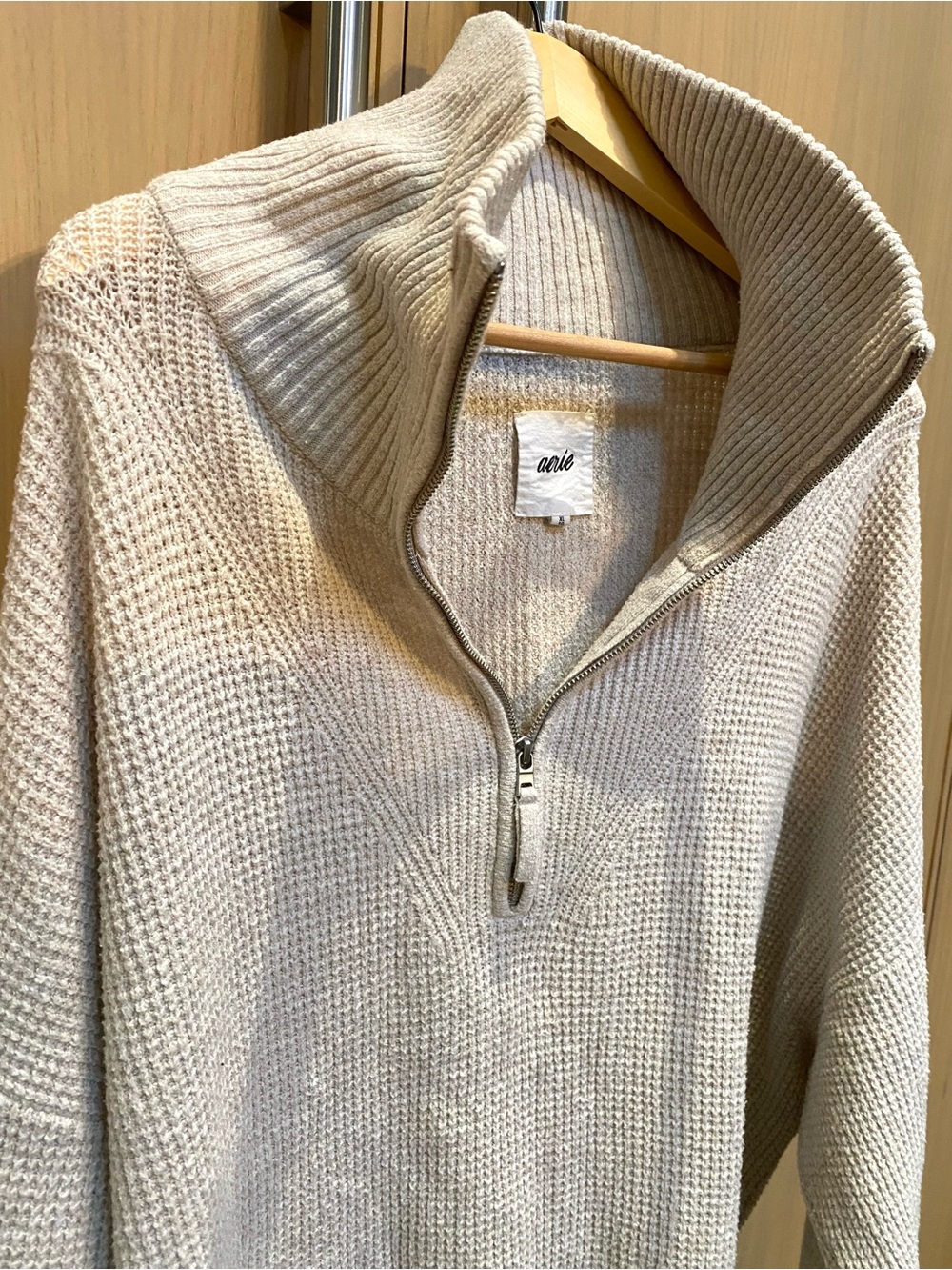 aerie Cream Waffle-Knit Quarter-Zip Turtleneck Sweater